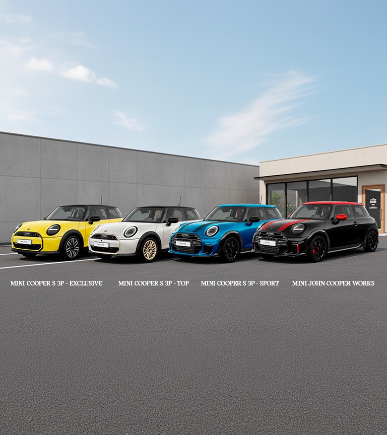 A sleek white MINI Cooper speeds along a sunny street, with colourful buildings in the background, showcasing urban life.